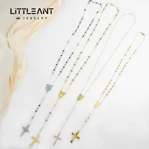 Little Ant Jewelry Cross Necklace 18k Gold Black Bead Cross Necklace Stainless Steel