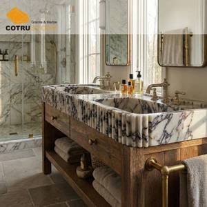 <span class=keywords><strong>Lavabo</strong></span> <span class=keywords><strong>sur</strong></span> <span class=keywords><strong>pied</strong></span> en marbre Calacatta Viola fait main avec meuble en bois et plan de toilette en pierre naturelle pour salle de bain décorative - Product Image 1