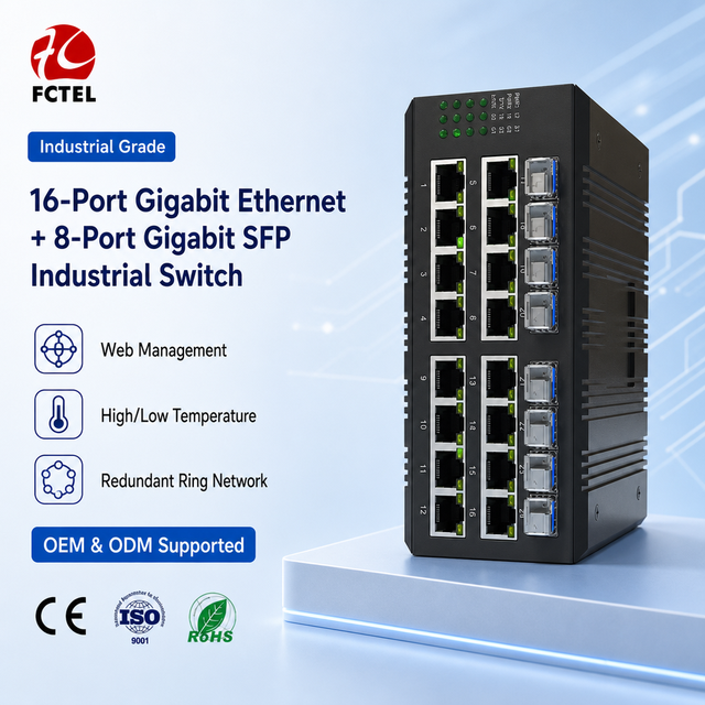 Managed DIN Rail 16-Port Gigabit Ethernet Industrial Ring Switch with 8 Gigabit SFP for Video Networks