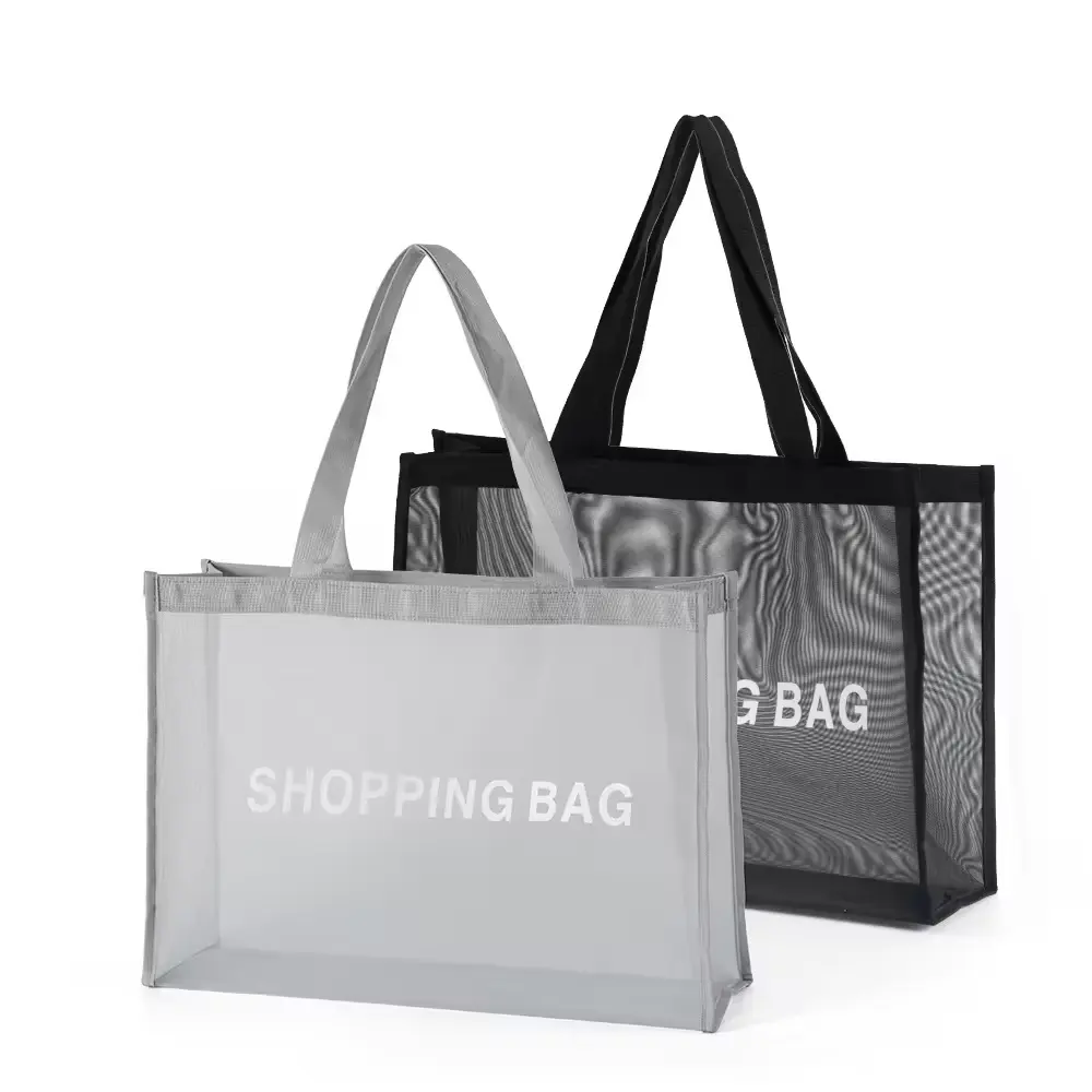 Sacola de compras de malha de nylon para transporte de frutas e vegetais com logotipo personalizado preto cinza