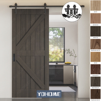 Porte coulissante de grange en bois massif HDF avec placage de chêne au design rustique, fabriquée par Guangdong Yohome Door Manufacturer pour l'intérieur de la maison
