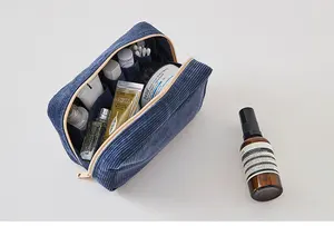 Saco de maquiagem para viagem, saco para cosméticos listrado de veludo leve para mulheres