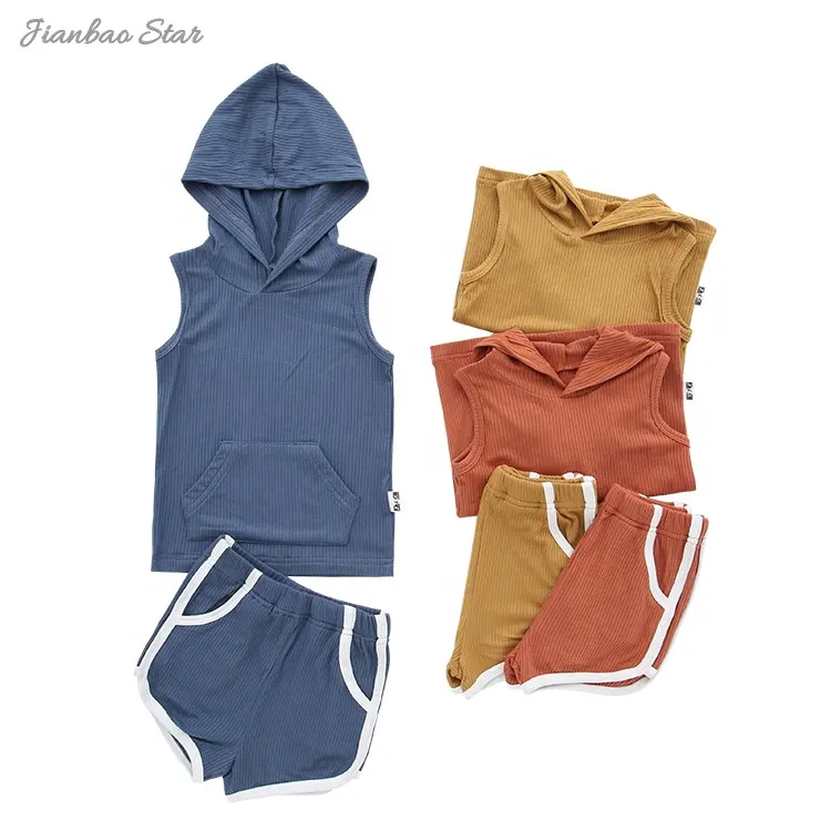 नई रिलीज रिब बांस आस्तीन hoodies और लघु पैंट बांस स्पैन्डेक्स कपास लड़का टैंक हूडि और शॉर्ट्स सेट गर्मियों में शैली