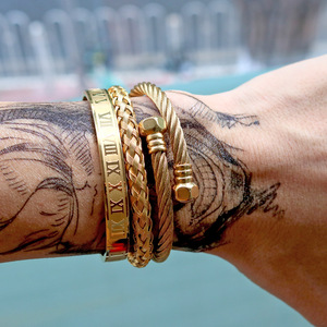 Chất Lượng Cao 3 Cái/bộ Vàng Có Thể Điều Chỉnh Mạ Người Đàn Ông Của Punk Thép Không Gỉ Vòng Đeo Tay Xoắn Dây Chữ Số La Mã Cuff Bangle - Product Image 5