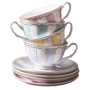 Set di tazze e piattini da tè pomeridiano inglese all'ingrosso Set di tazze in porcellana di ceramica a righe di latte per caffè e tè