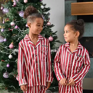 Children striped printed satin silk pyjamas set boys and girls long sleeve satin sleepwear tops and pants for kids