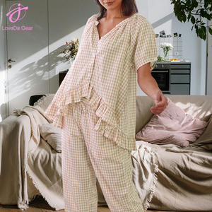 Loveda Wholesale New Arrival <strong>Women</strong> Summer <strong>Plaid</strong> Shirt and <strong>Trousers</strong> Suit Soft Casual Home Clothes - Product Image 3