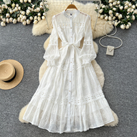 Robe midi décontractée pour femme, élégante, à manches longues, avec broderie florale, dentelle, coupe trapèze, avec ceinture, pour tous les jours et les vacances