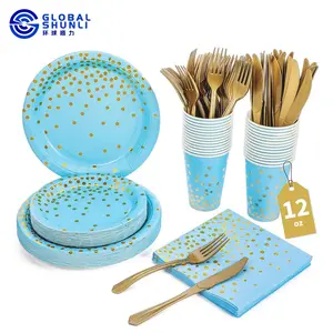 Shunli Blue and Gold Party Supplies Disposable Dinnerware Set Blue Paper Dinner Plates Napkins Cups Gold Plastic Forks spoons