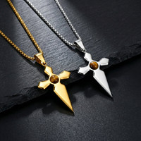 Collier pendentif pour homme plaqué or 18 carats, forme dague croisée, incrustation dentaire, pierre œil de tigre, best-seller transfrontalier