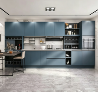 Armoires de cuisine linéaires bleues mates personnalisables avec tiroirs à fermeture silencieuse et effets d'éclairage LED complets