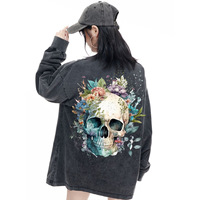 Kaos oblong unisex ukuran besar bergaya Amerika, dicuci, distressed, lengan panjang, dengan logo custom print dan bordir, model drop-shoulder, potongan longgar