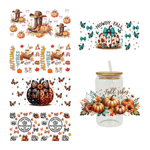 Autocollants DTF UV pour tasses 16oz, motifs Papillons Citrouille, Thème Automne Western, Ambiance Automnale - Product Image 1