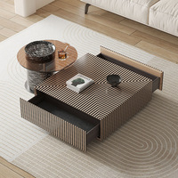 Table basse de designer italienne minimaliste moderne de luxe, design carré, rayures zébrées, bois durable, plateau en verre pour petit salon