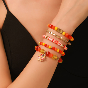 Orange Harvest Charm Bracelet <b>Set</b> 5-Strap Polymer <b>Clay</b> Turkey Jewelry Unisex Fall 2024 Fashion Bracelets - Product Image 1