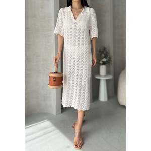 DEFILE Vestido de algodón de punto calado con cuello en V para mujer, color blanco, ropa informal de verano para la playa, talla estándar - Product Image 2