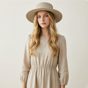 Wholesale Elegant <b>Flat</b> Top Boater Paper <b>Hat</b> for Women Wide Brim Summer Sun Cap Custom Paper Beach Fishing Image Style Panama <b>Hat</b> - Product Image 3