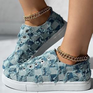 2024 en Stock personalidad moda lona Vamp tacón plano señoras <span class=keywords><strong>zapatillas</strong></span> patrón de <span class=keywords><strong>rejilla</strong></span> zapatos casuales para mujeres - Product Image 1