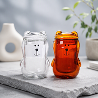 Gobelet en verre à double paroi isolé avec couvercle, motif ours mignon, pour la maison et la cuisine, en verre transparent ambré, pour eau, jus, lait