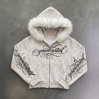 Sweat à capuche unisexe personnalisé avec logo, imprimé léopard, broderie, 100% coton, col en fausse fourrure, coupe courte, style streetwear, fermeture éclair intégrale
