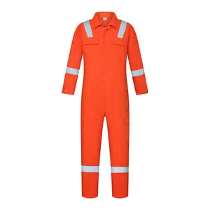 100% 棉耐用透气工作服，带反光条反光安全橙色高可见工作服