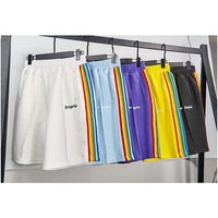 Shorts unisexe tendance pour jeunes, style couple, avec sangle rayée arc-en-ciel, design palmier style streetwear décontracté