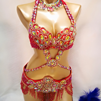 Costume de danse du ventre perlé pour femmes bleues luxueuses ornées de strass arc-en-ciel adaptés à la performance sur scène et au bikini