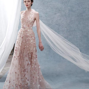 LY-PD0169 Abiti da Sera per Signora con Fiori 3D Abiti da Cerimonia Formali Gonna da Donna per Ballo in Pizzo Linea A Elegante Senza Maniche Sexy - Product Image 1