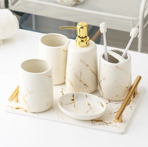 Juego de Baño de Cinco Piezas de Cerámica con Vasos para Cepillos de Dientes y Enjuague Bucal, Estilo Lujoso, Duradero y Fácil de Limpiar - Product Image 1