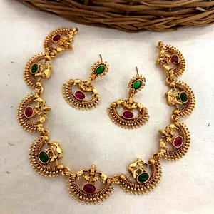 Ethnic Gold Plated Alloy Zircon Bezel Setting Laxmi Choker <b>Necklace</b> and Earring Set Antique Temple Jewelry for Women Wedding - Product Image 1