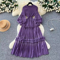 Robe élégante de style français 2026 pour femme, avec manches bouffantes en dentelle et taille ceinturée, coupe trapèze