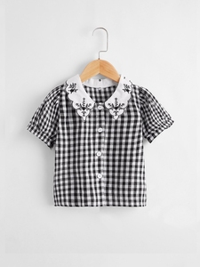 Camisa <span class=keywords><strong>Polo</strong></span> Infantil para <span class=keywords><strong>Niña</strong></span>, Estilo Vintage Dulce de Verano, con Botones al Frente, Cuello Peter Pan, Cuadros Blancos y Negros - Product Image 6