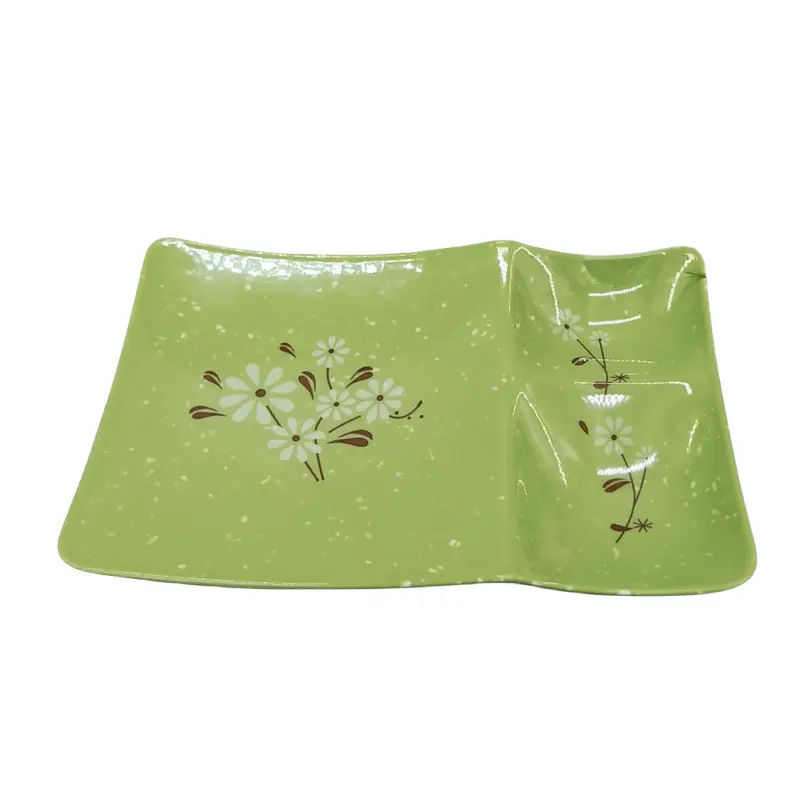 הדפס פרחוני ירוק קלאסי מותאם אישית לשימוש חוזר מלבן מחולק צלחות כופתאות מלמין עמיד 11 אינץ' צלחת חטיף מפלסטיק