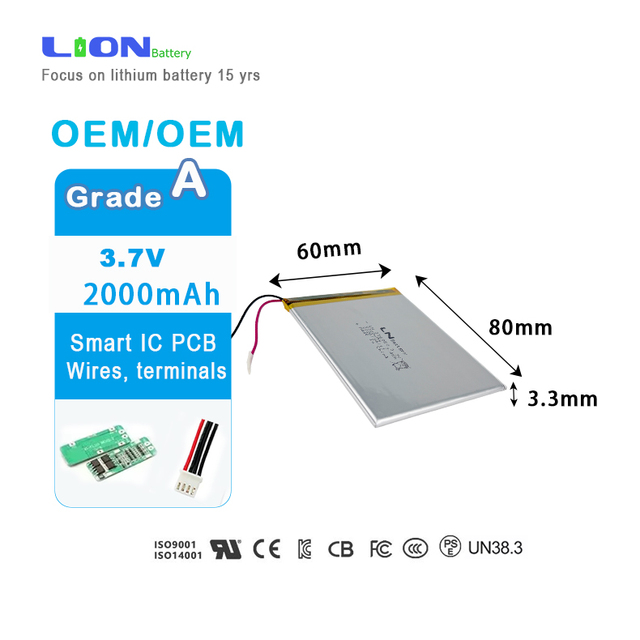 LN Rechargeable Liquid Batteries 336080 2000mAh 3.7V Ultra-thin Size 3.3*60*80mm Medical Monitor Battery for Certified 12 Months