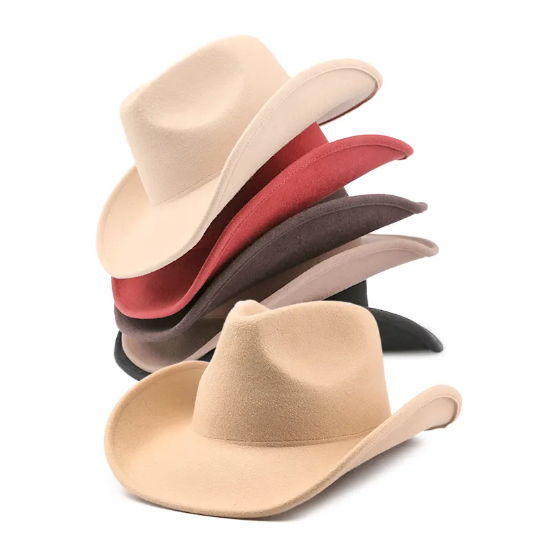 หมวกคาวบอยสำหรับผู้ชายและผู้หญิง,หมวกคาวบอยขนแกะ100% ผ้าสักหลาดสีชมพูเข้มสำหรับใส่ในชีวิตประจำวัน