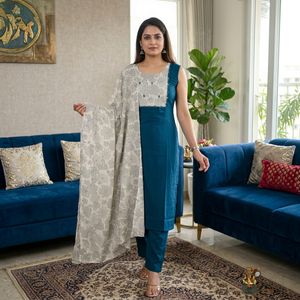 <b>Women</b>’s Premium Vertigan <b>3</b>-<b>Piece</b> <b>Suit</b> Set with Tabla Print Yoke, Hand Embroidery, Beadwork & Floral Border Dupatta - Product Image 1