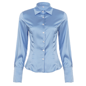 <b>Light</b> Blue Satin Summer Woven Women's Regular Fit Long Sleeve Button-Up Blouse for Office Daily Wear - Product Image 6