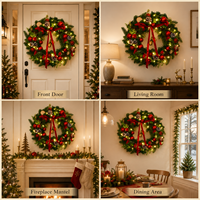 Guirlande de Noël artificielle pré-éclairée de 40 cm avec lumières LED, nœud en velours rouge, boules, pommes de pin et baies, décoration murale pour porte d'entrée et maison de fêtes