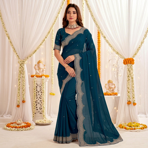 Sari en soie turquoise avec bordure brodée de motifs étoiles pour les occasions de mariage et de Diwali, sari traditionnel pour femmes, longueur au sol, protection solaire - Product Image 1
