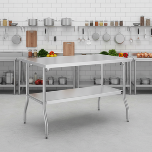 Équipement de <span class=keywords><strong>cuisine</strong></span> OEM : Table de travail pliante en acier inoxydable argenté, robuste et durable, avec rangement intégré et protection anti-éclaboussures, pour usage hôtelier - Product Image 1