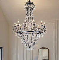 Lustre en fer noir de luxe léger avec couronne de fleurs en cristal, style européen, luminaires décoratifs pour salon, garantie 3 ans