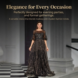 Elegante Vestido de Noche Negro con Lentejuelas, Encaje y Mangas Abullonadas Transparentes, Vestido Largo para Banquete, Fiesta, Boutique, Ocasión Formal - Product Image 2