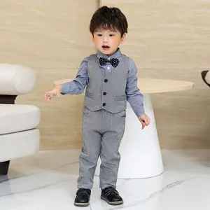Spring Autumn Children's Formal Set Boys Gray Vest Long Sleeve Bow Tie and Pant Clothing Sets For Birthday Party