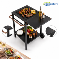 Chariot à roulettes à deux niveaux avec plateau extensible pliable, crochets en S, grandes roues, cadre en métal noir, chariot de service pour barbecue