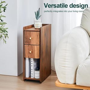 Set of 2 Narrow Wooden Nightstands, Slim 2-Drawer <strong>Bedside</strong> <strong>Tables</strong>, Mid Century Modern <strong>Skinny</strong> Side <strong>Tables</strong> for Bedroom Living Room - Product Image 2