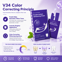 Tiras Blanqueadoras de Dientes Color Púrpura con Sabor a Menta, Sin Peróxido de Fluoruro, V34, Corrección de Color Óptica, Baja Sensibilidad, 30 Minutos
