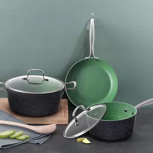 Keukengerei Kookgerei 5 Piece Gesmede Aluminium Groen Marmer Antiaanbaklaag Kookgerei Set Met S/S Handvat