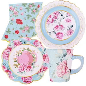 Pafu New Arrival Party Supplies Serve 16 Kids Birthday Tableware Set Spring Flowers Tea Party Paper Plates Cups Napkins