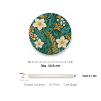 Sous-verre en céramique émaillée avec base en liège, impression UV, 10,8 cm de diamètre, épaisseur 0,7 cm, motif floral vert botanique, pour table basse et bureau