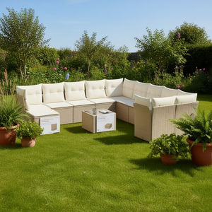 Conjunto de Sofás de Jardín de Mimbre Sintético, Color Beige, Muebles de Exterior Resistentes a los Rayos UV, Diseño Contemporáneo, Cojines de Espuma de Alta Densidad - Product Image 2